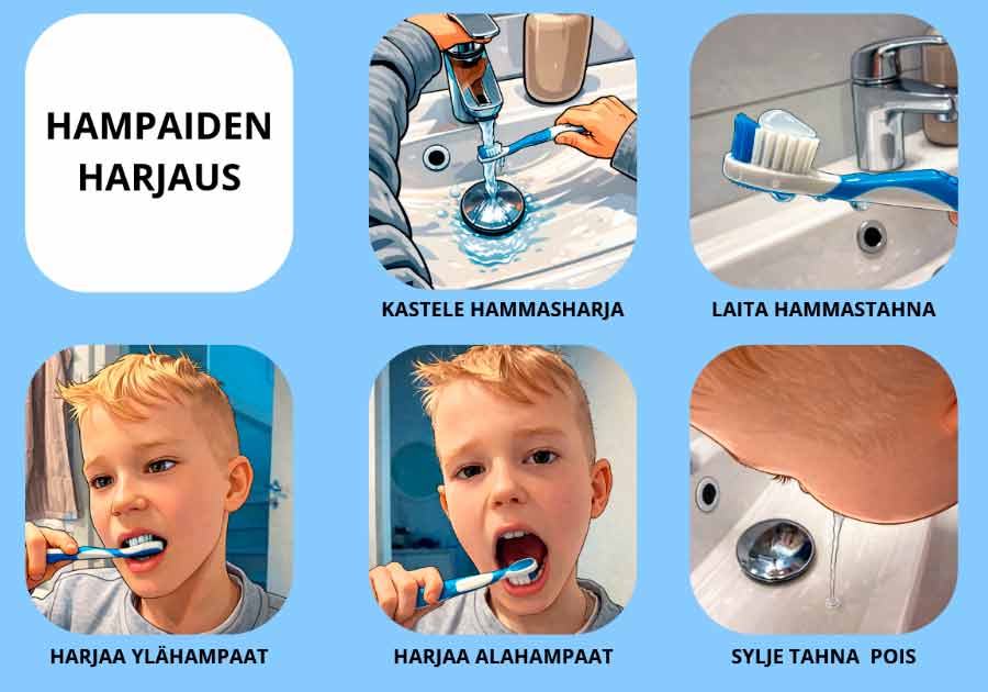 Viisi havainnekuvaa, kuinka hampaiden harjaus etenee.