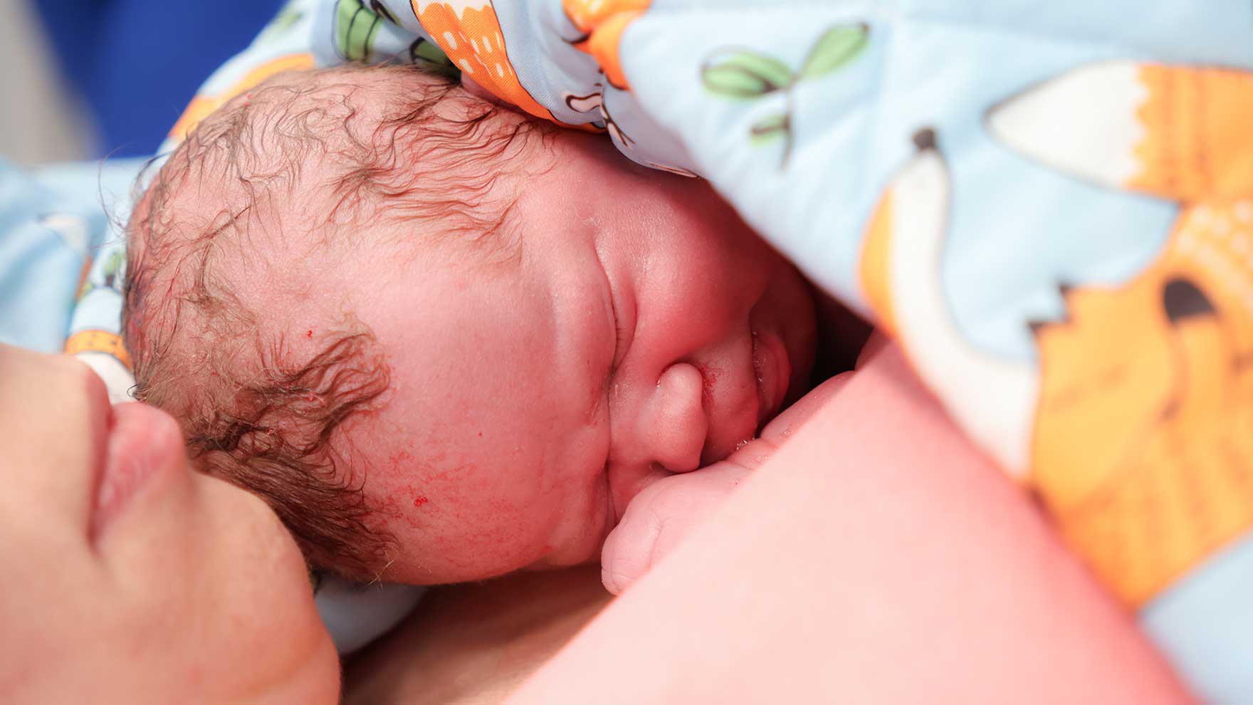 Lähikuva vastasyntyneen päästä äitinsä ihoa vasten.
