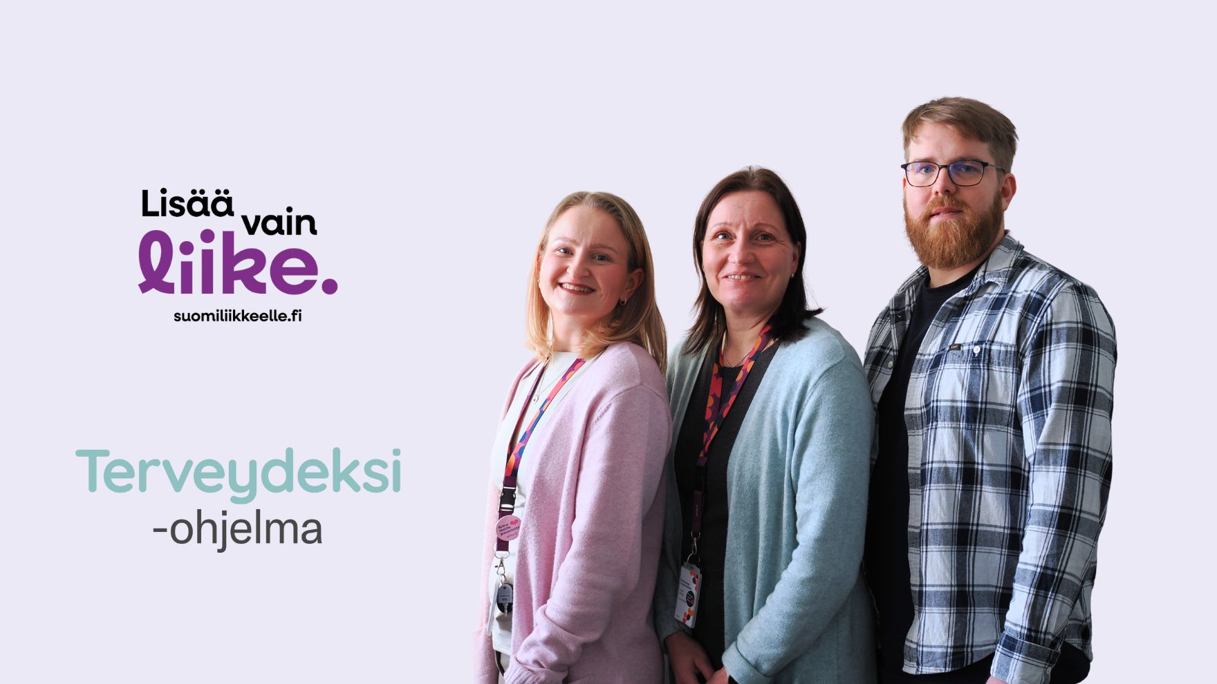 Suomi liikkeelle ohjelman tekstilogo, Terveydeksi -ohjelman logo ja Pirkanmaan hyvinvointialueella Yhteisövaikuttavuuden voimalla: Perheiden elintapaohjauksen polku Pirkanmaalla -hankkeessa työskentelevien henkilöiden yhteiskuva.