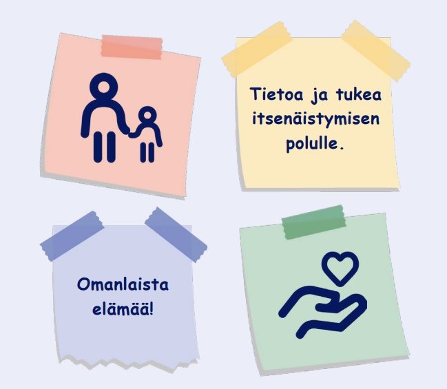 Neljä eriväristä, tyyliteltyä muistilappua, joissa on itsenäiseen elämään liittyviä symboleja ja tekstejä.
