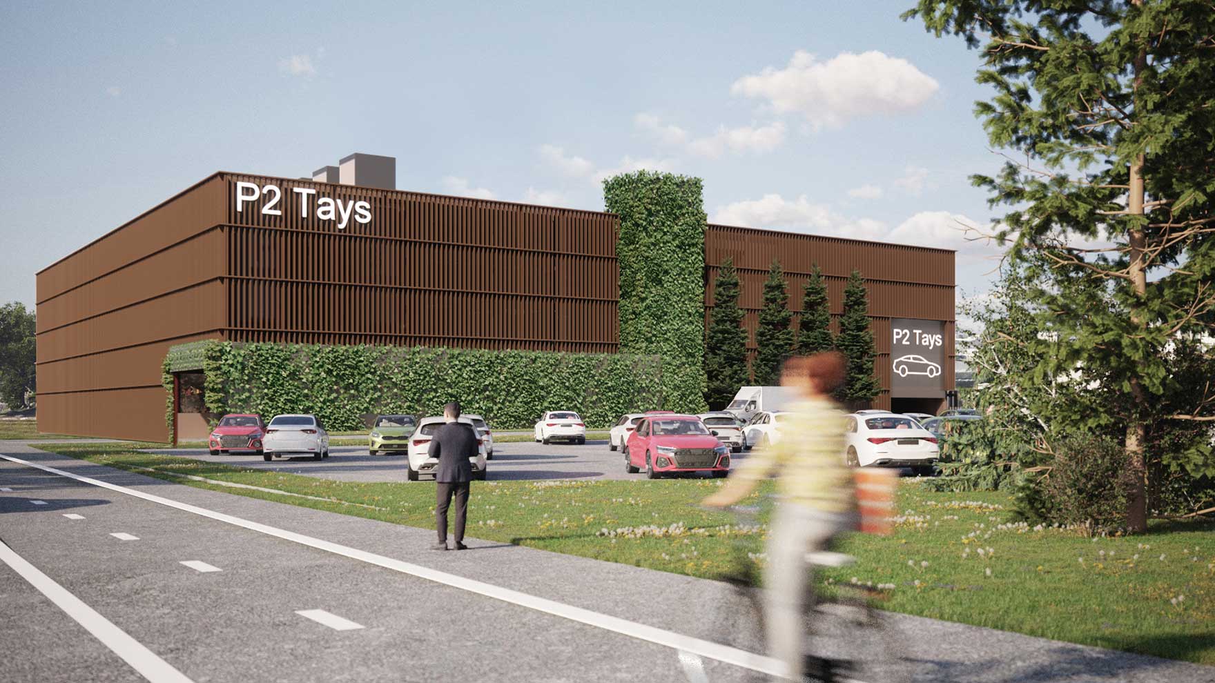 Havainnekuva uudesta pysäköinti- ja logistiikkarakennuksesta. 