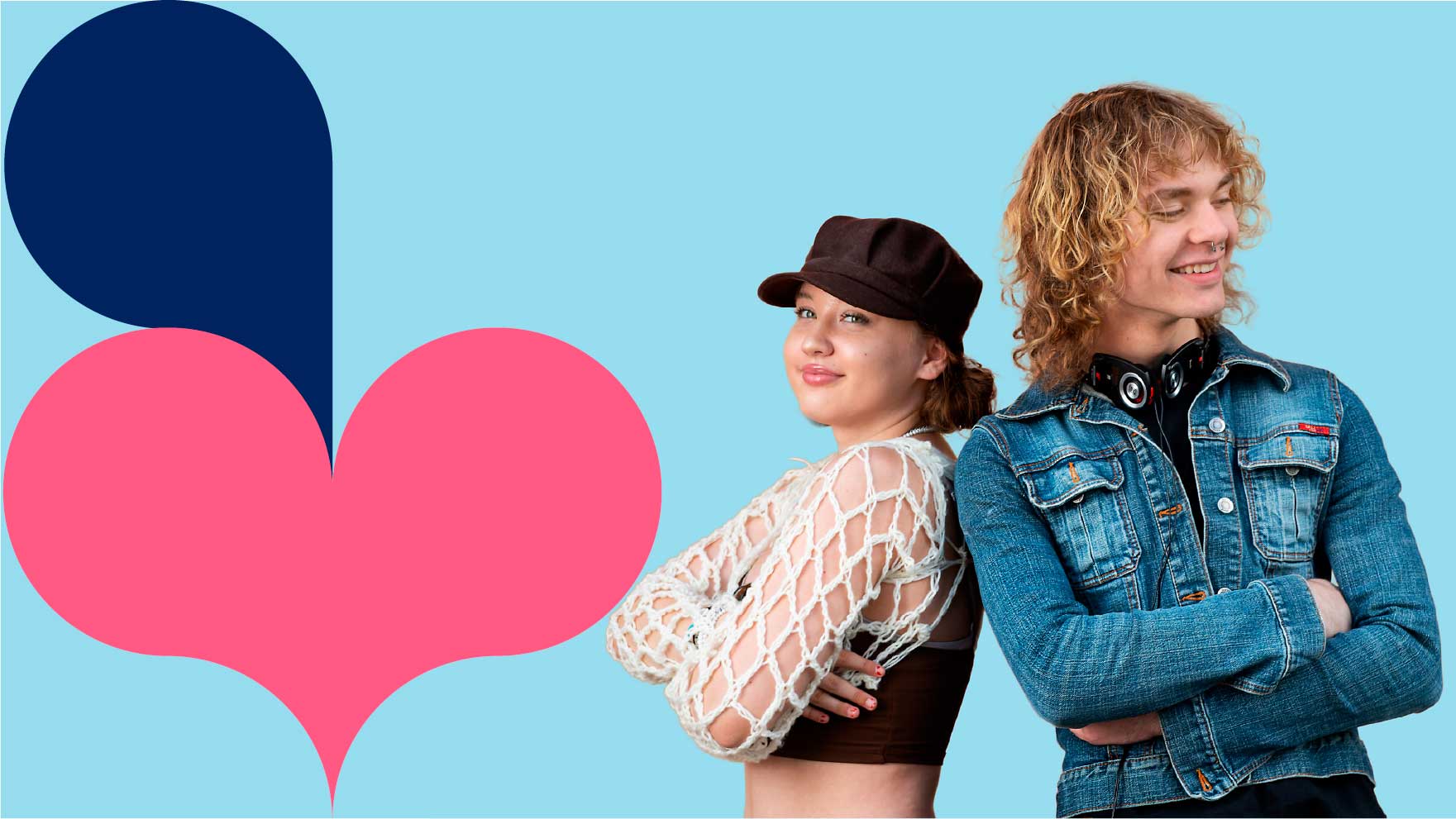 Kaksi nuorta selätysten, heidän vasemmalla puolella on sydän-kuvake.