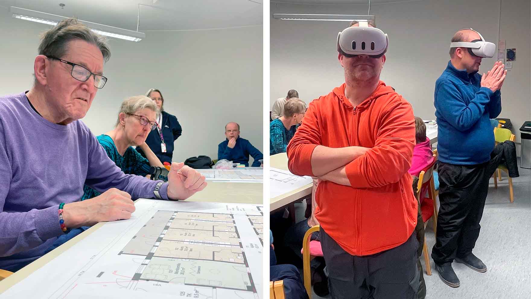 Kaksi kuvaa rinnakkain. Vasemmanpuoleisessa kuvassa mies ja nainen tutkivat pöydällä olevaa pohjapiirustusta. Pöydän päädyssä oleva mies nojaa mietteliäänä leukaansa. Oikeanpuoleisessa kuvassa punaiseen huppariin pukeutunut mies ja siniseen paitaan pukeutunut mies pitävät VR-laseja ja näyttävät keskittyneiltä.