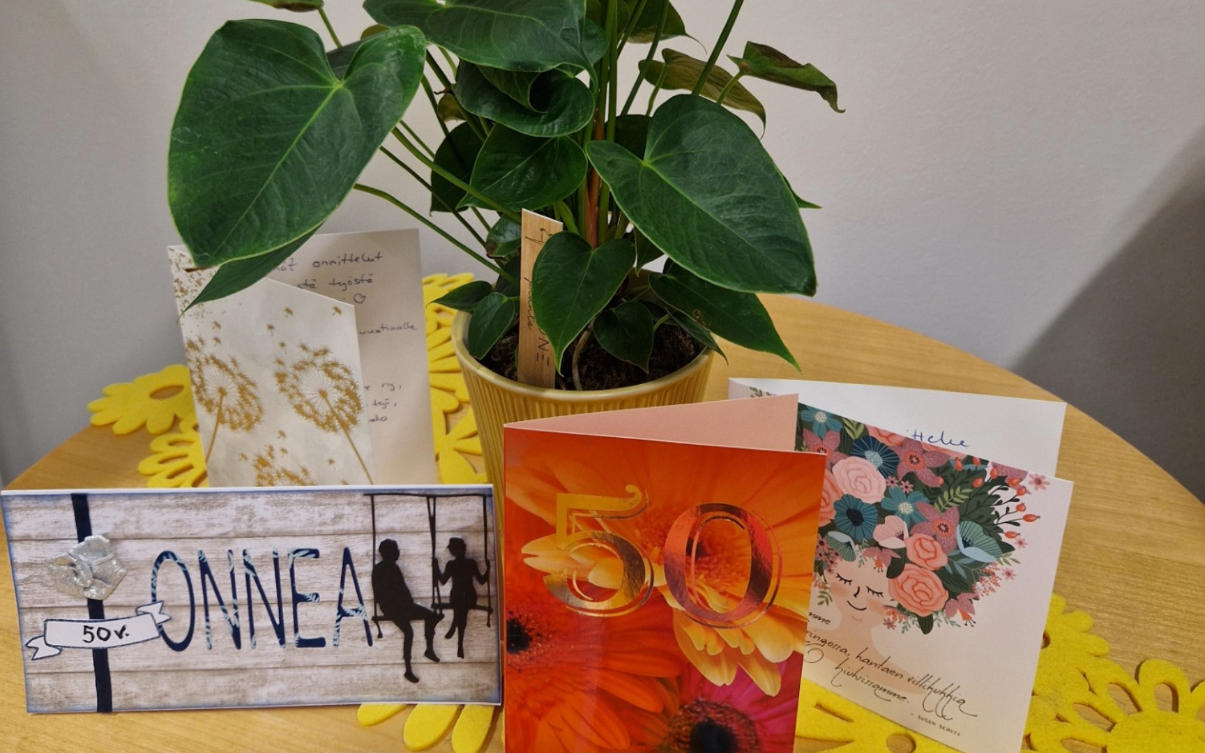 Pöydällä kukka ruukussa sekä onnittelukortteja.