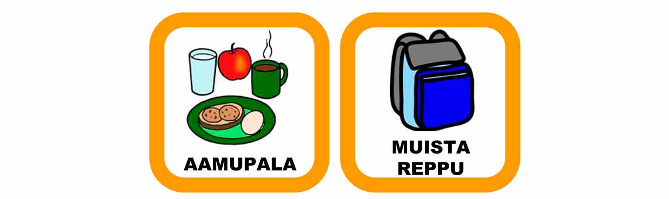 Esimerkkinä Aamupala ja Muista reppu -korttikuvat, joiden avulla voi helpottaa arkea.