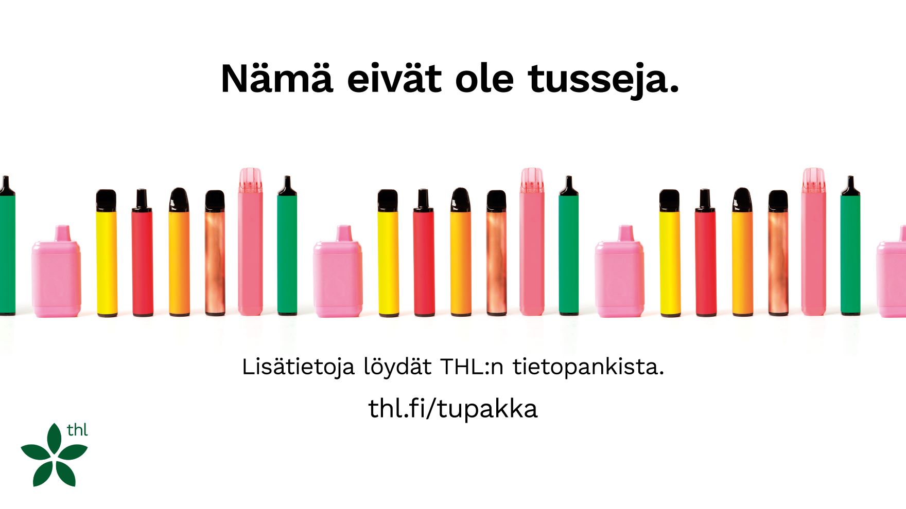 THL:n tuottama kuva, jossa värikkäitä sähkötupakkapakkauksia ja teksti