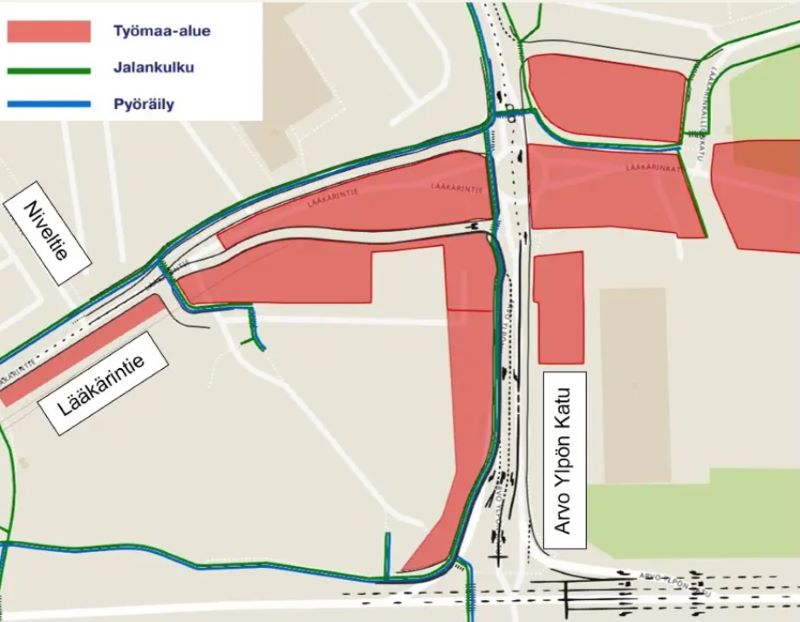 Karttakuva Kaupin kampusalueen itäreunasta. Arvo Ylpön kadun liikenneympyrä korvautuu tavallisella risteyksellä.