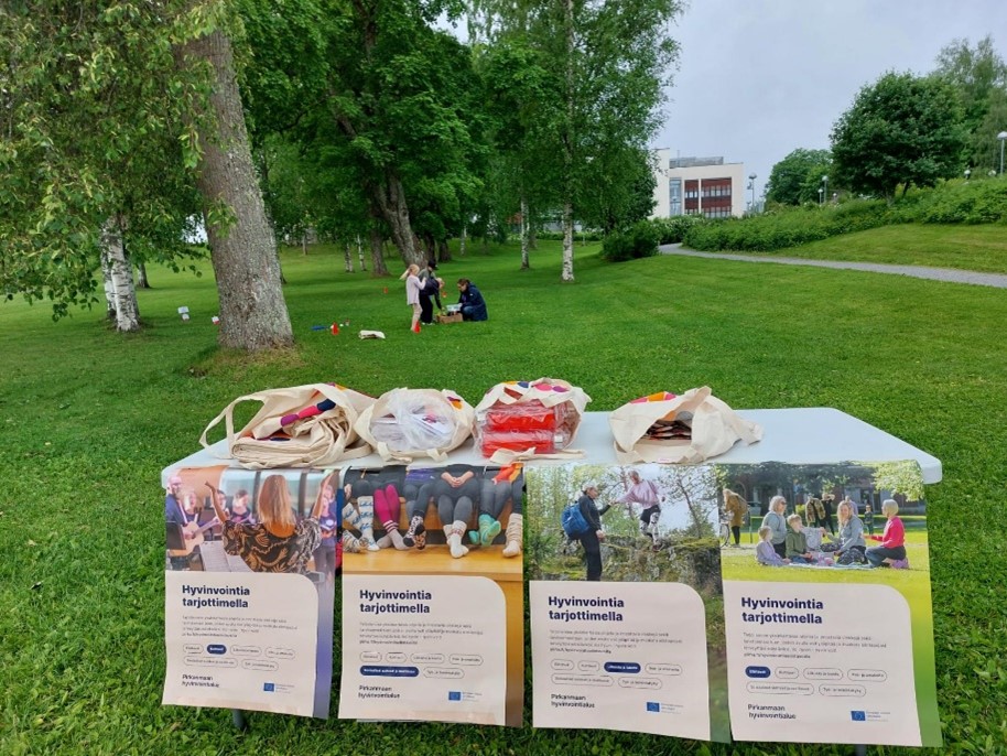 Vihreässä puistossa on Pirhan pöytä, jossa on Pirhan kangaskasseja ja julisteita. Taustalla näkyy muutama ihminen.