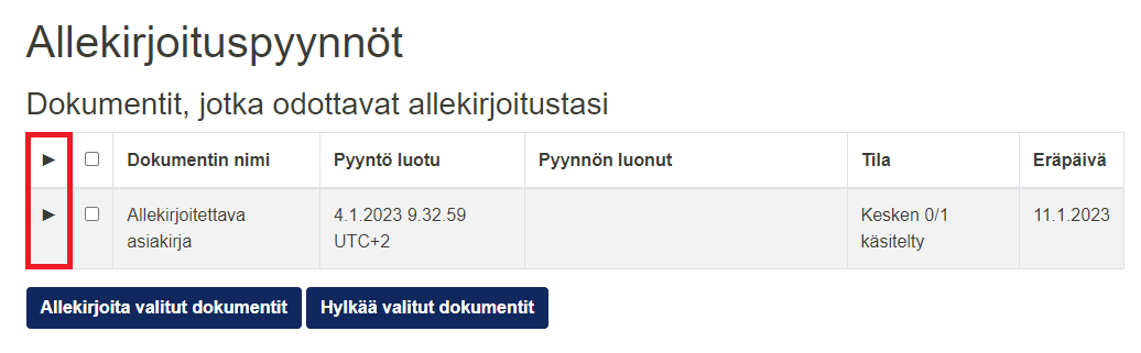 Nuolikuvakkeesta saat avattua allekirjoitettavan asiakirjan tarkemmat tiedot.