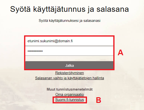 Kirjaudu allekirjoituspalveluun käyttäjätunnuksella ja asettamallasi salasanalla tai Suomi.fi-tunnistuksella.