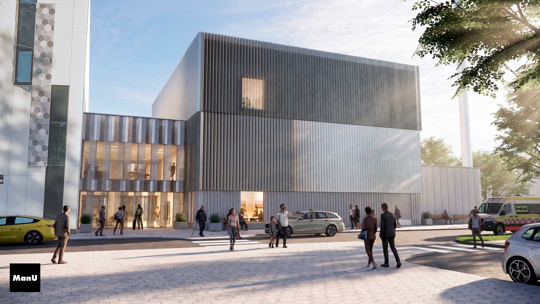 Havainnekuva F-rakennuksen laajennusosasta, joka kytkeytyy olemassa olevaan F-rakennukseen.