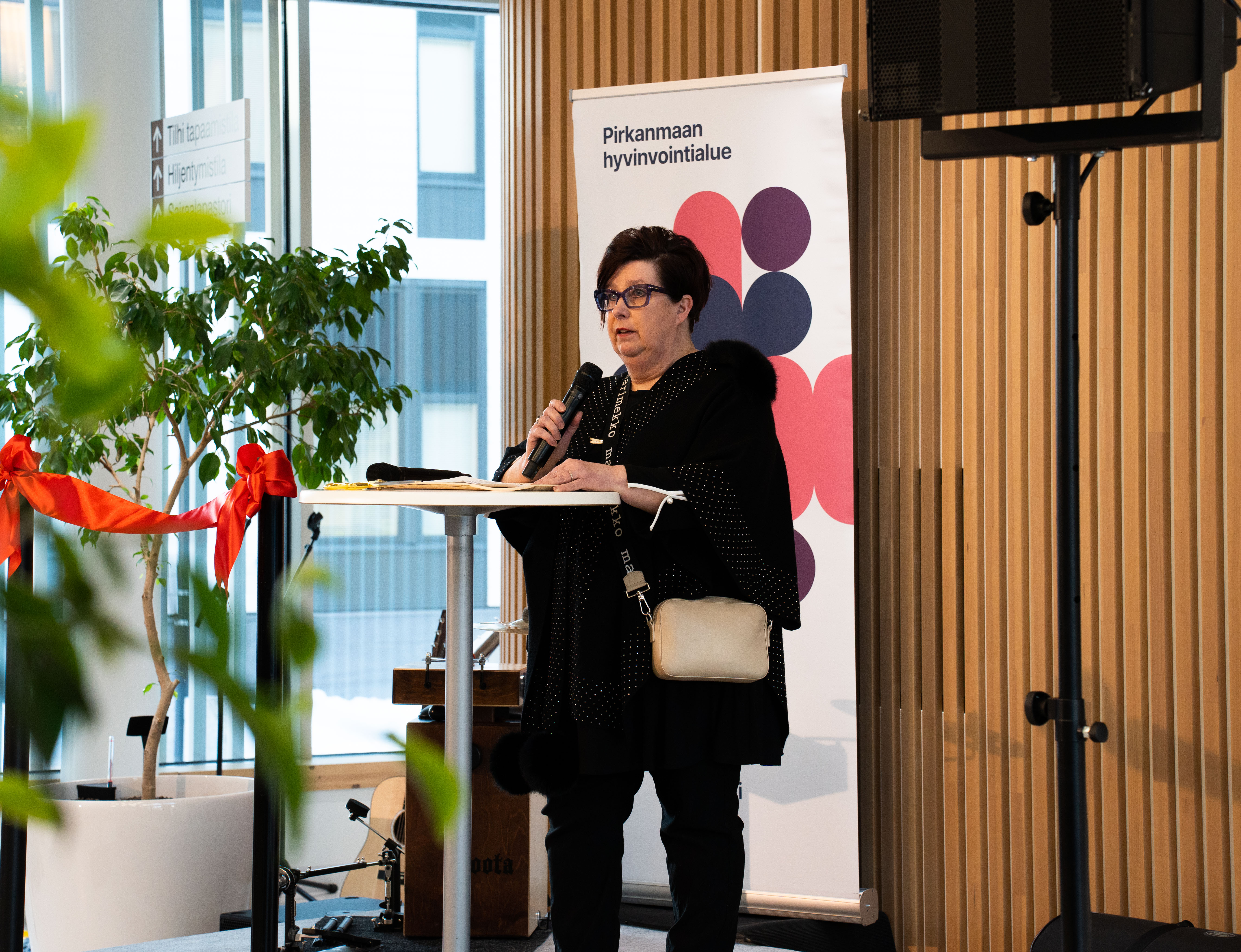 Hanna-Mari Alanen puhuu mikrofoniin lavalla.