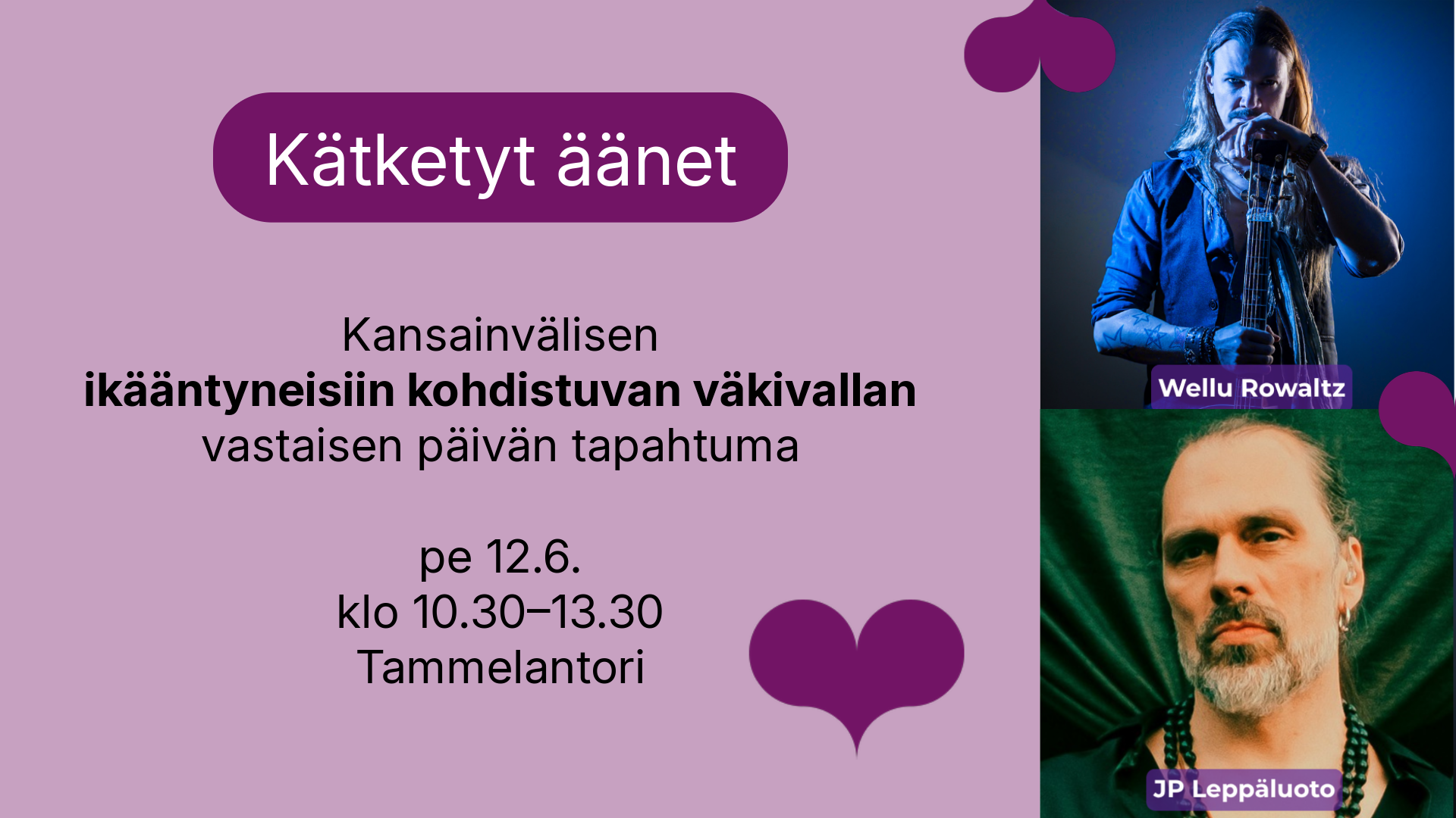 Kätketyt äänet -tapahtuman artistien kuvat sekä tekstiä tapahtumasta.