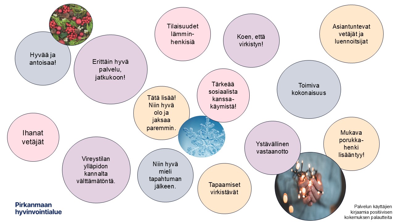 Palloissa on palveluiden käyttäjien kirjaamia myönteisiä kokemuksia, kuten "Erittäin hyvä palvelu, jatkoon!" ja "Ystävällinen vastaanotto".