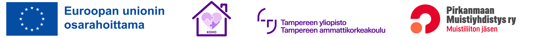 Hankkeeseen osallistuvien tahojen logoja: Euroopan unioni, KOHO-hanke, Tampereen yliopisto ja ammattikorkeakoulu, Pirkanmaan Muistiyhdistys ry