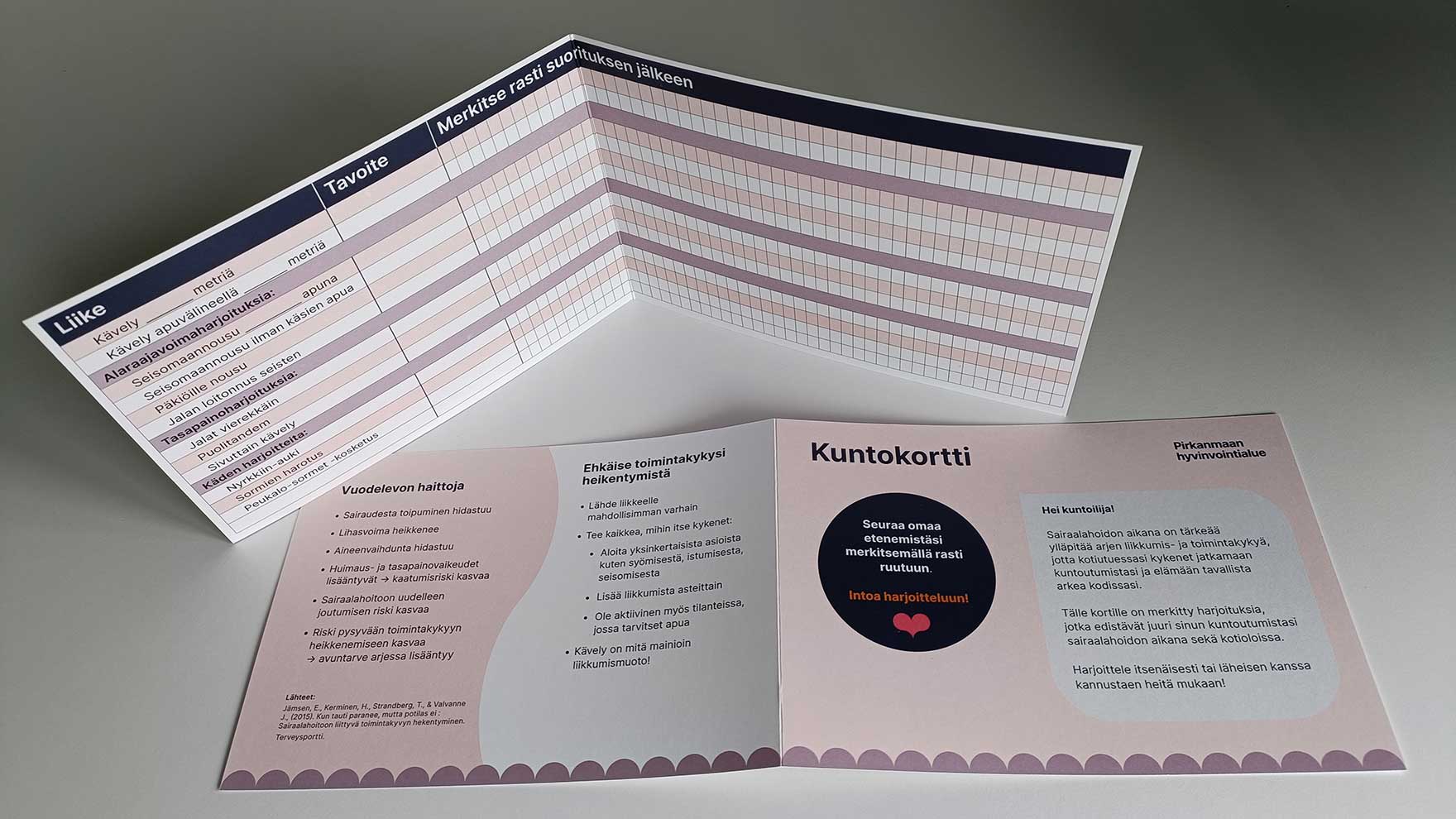 Valokuva kuntokortista, jonka kenttiin potilas voi merkitä tehdyt harjoitukset.
