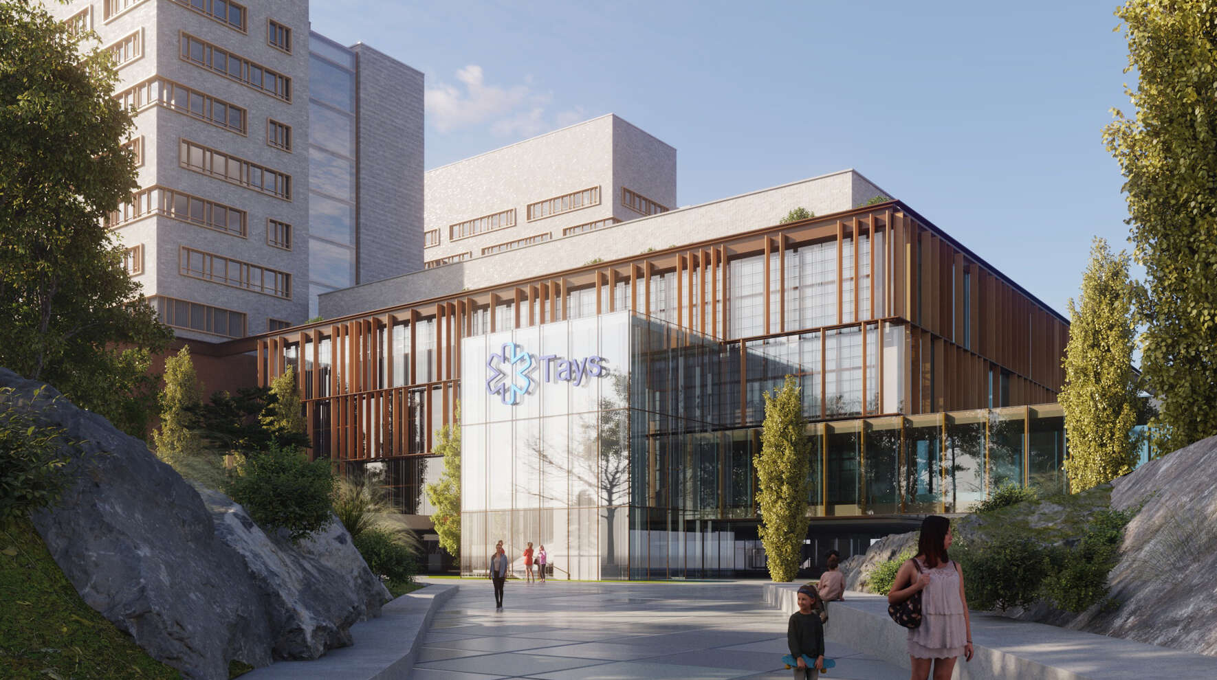 Havainnekuva uuden M-rakennuksen sisäänkäynnistä.