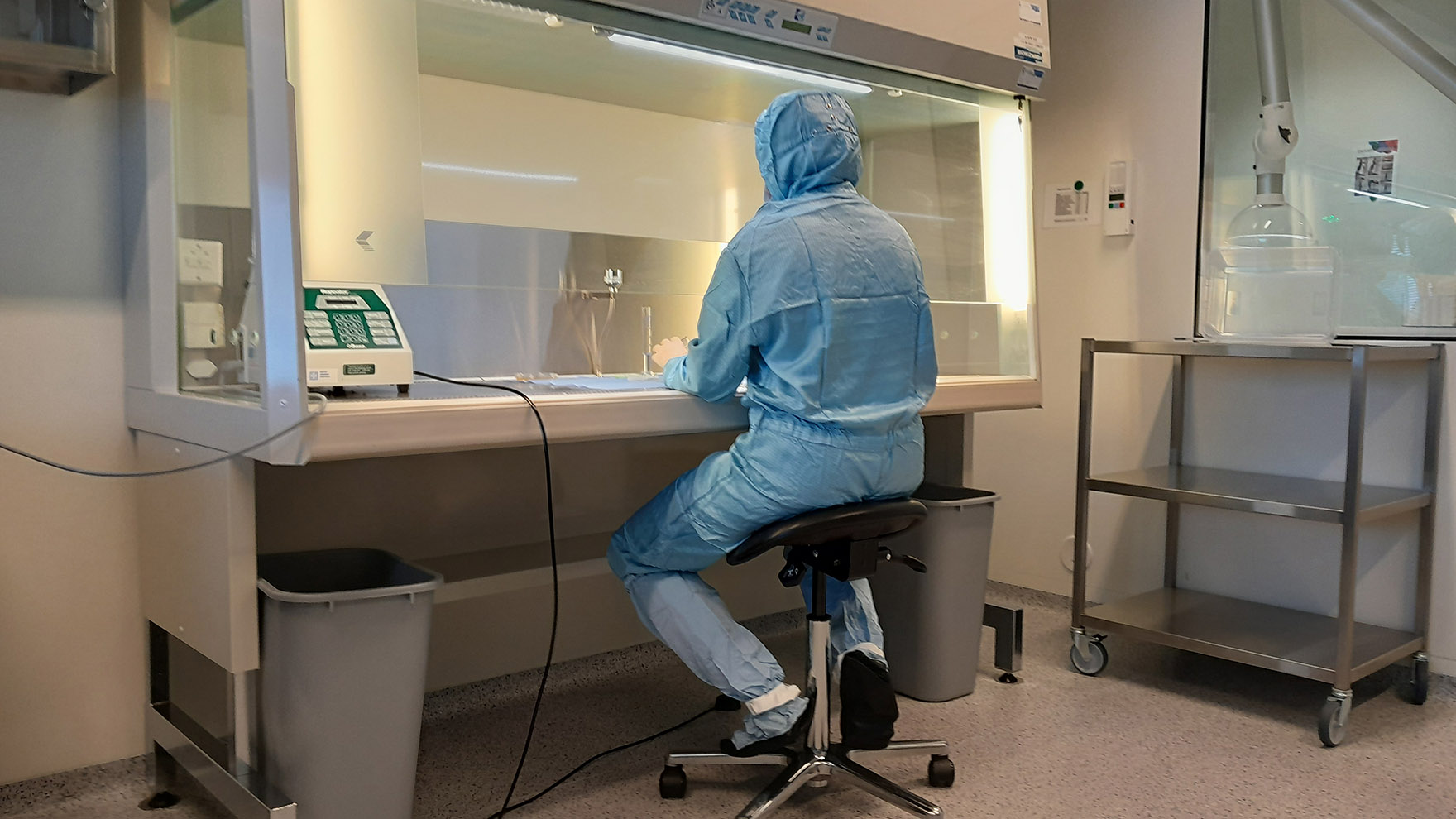 Henkilö työskentelee sinisissä suojavaatteissa laminaarivirtauskaapin ääressä.