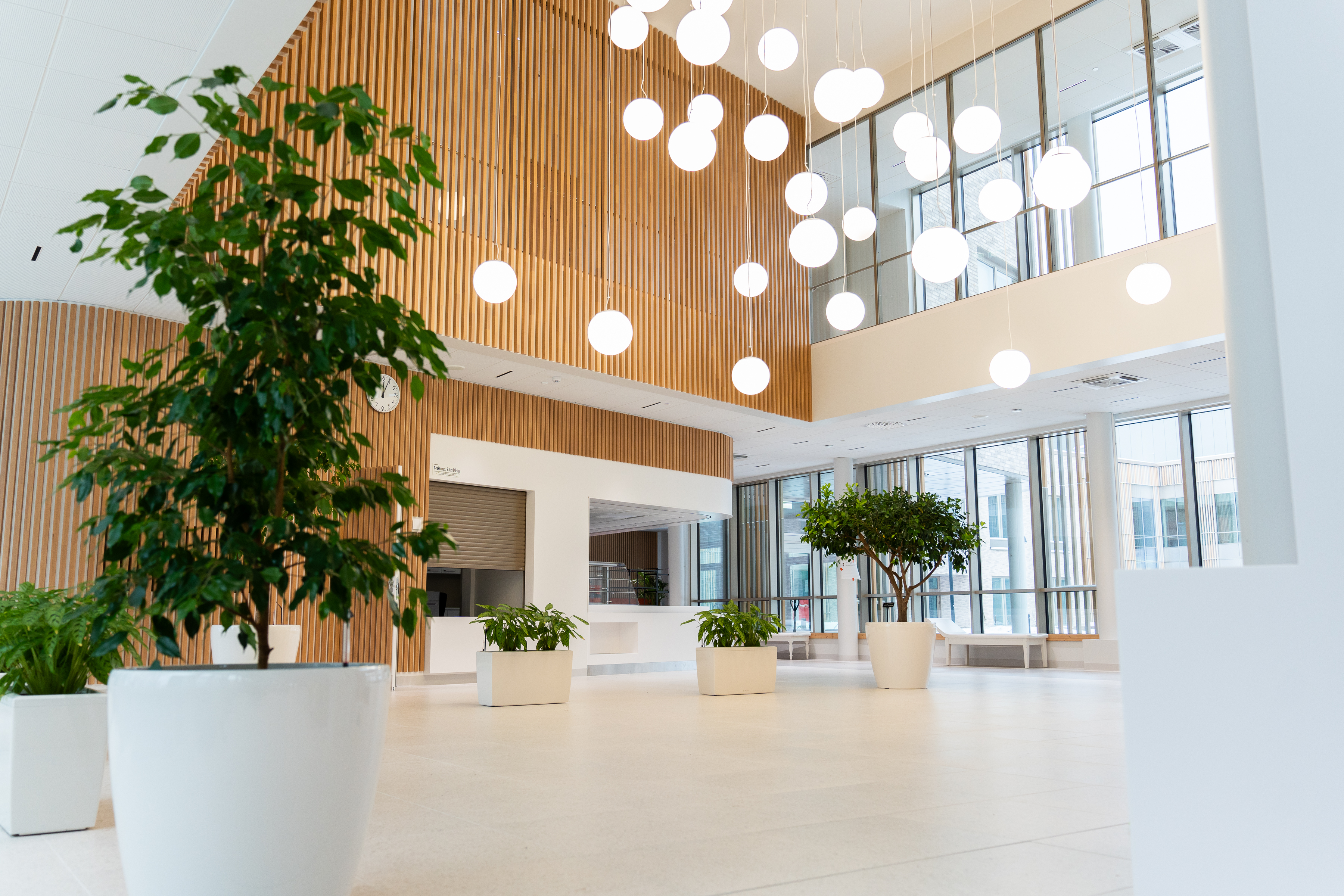 Valokuva T-rakennuksen korkeasta ja valoisasta aulatilasta.