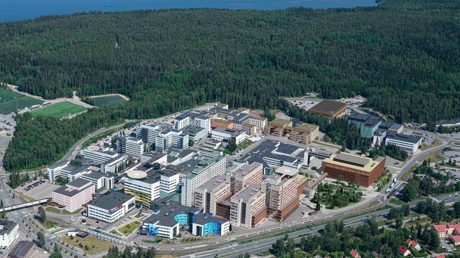 Havainnekuva Tays Keskussairaalan alueesta tilanteessa, jossa uudet rakennukset ovat valmistuneet.