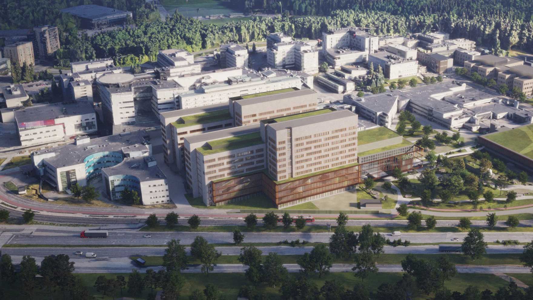 Havainnekuva uuden tiilipintaisen M-rakennuksen sijoittumisesta Teiskontien varteen.