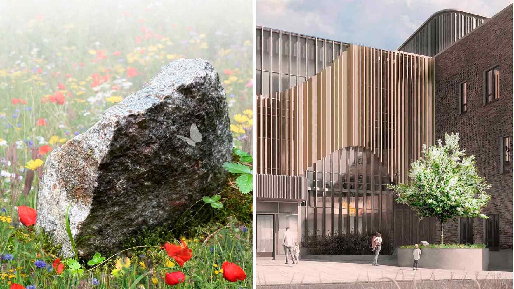 Tummasiipiverkko-teoksen havainnekuva sairaalan ulko-ovelta. Istutusalue ja luonnonkivi, jossa on kaiverrettu perhonen.