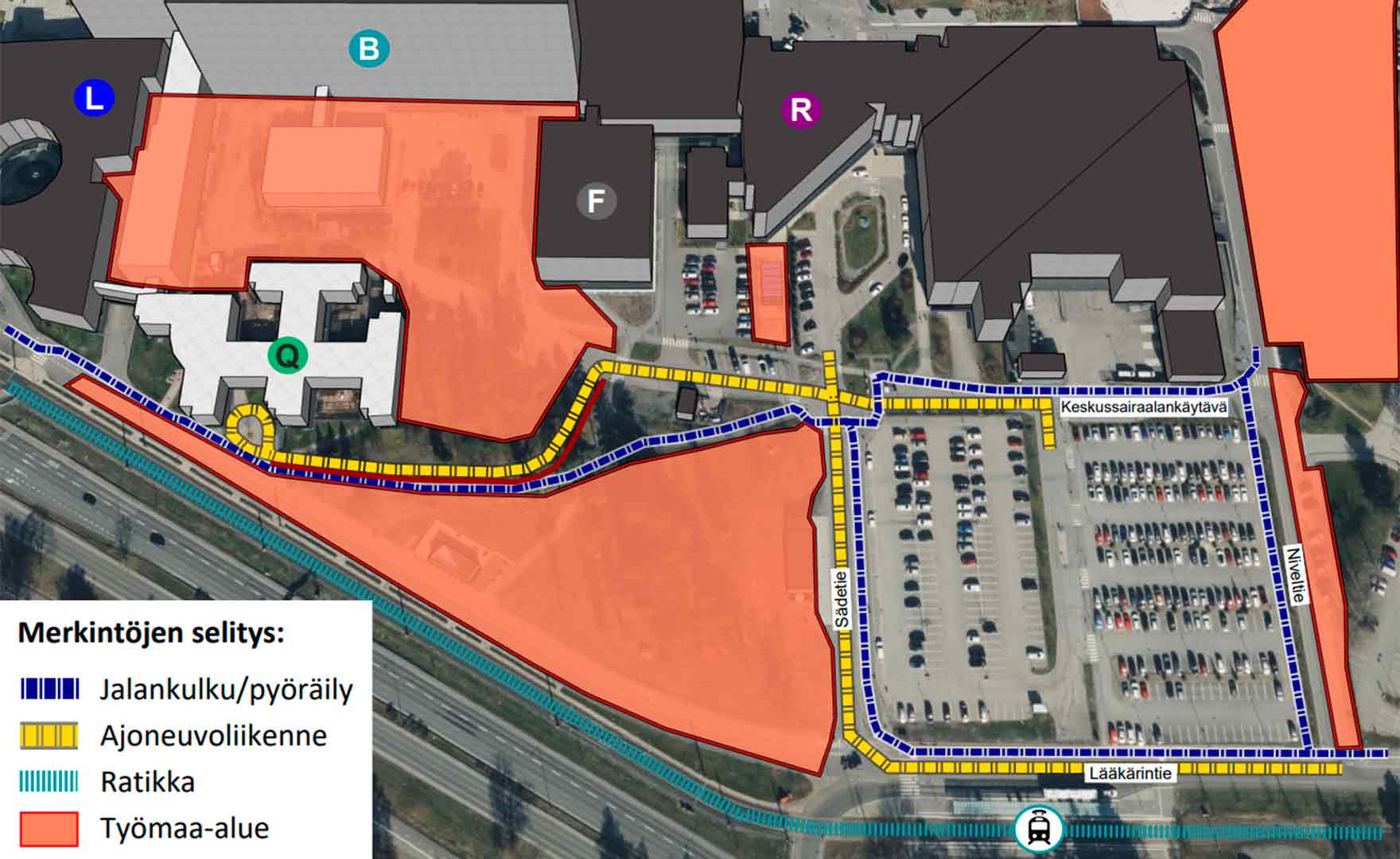 Karttakuva Tays Keskussairaalan alueen eteläreunasta. Uusi työmaa sijoittuu B-, F-, Q- ja L-rakennusten väliselle alueelle.