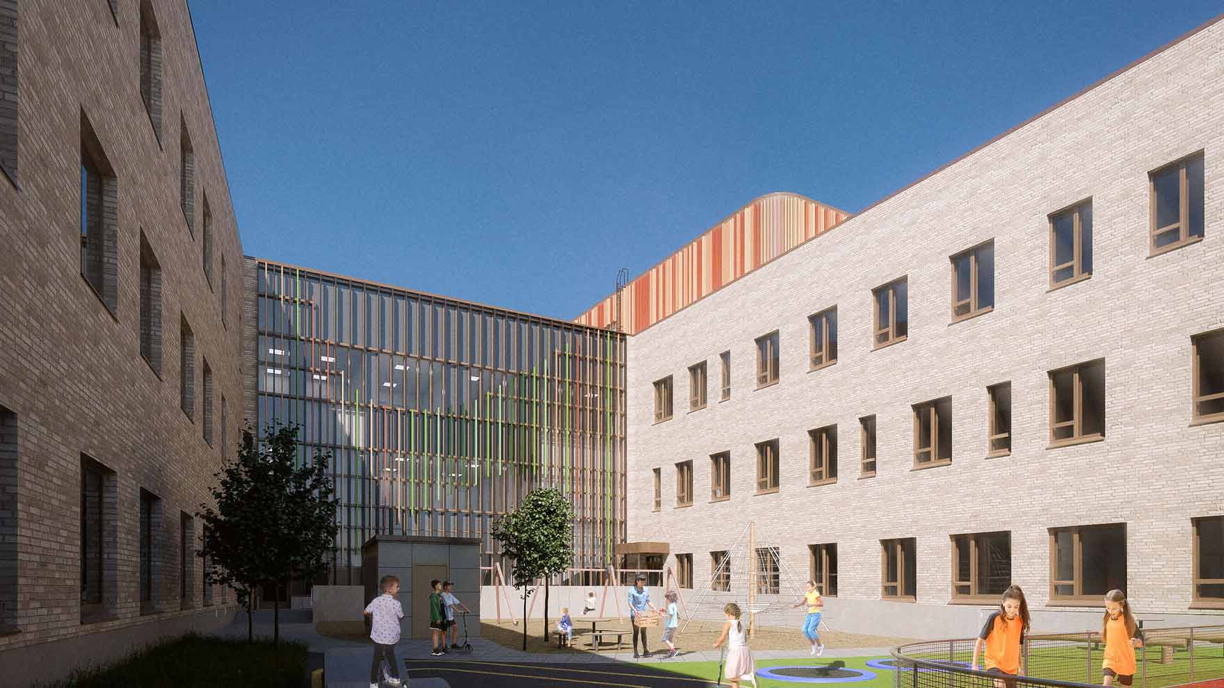 Havainnekuva sisäpihasta, jossa on lapsia leikkimässä ja pallottelemassa.