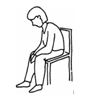Piirroskuva tuolilla etukumarassa istuvasta henkilöstä, joka nojaa käsillään reisiinsä.