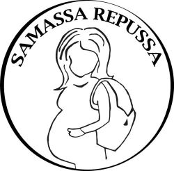 Samassa repussa -hankkeen logo, jossa raskaana oleva nainen seisoo reppu selässä.