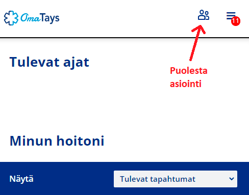 Havainnekuva OmaTays-palvelusta: korostettuna puolesta asioinnin kuvake.